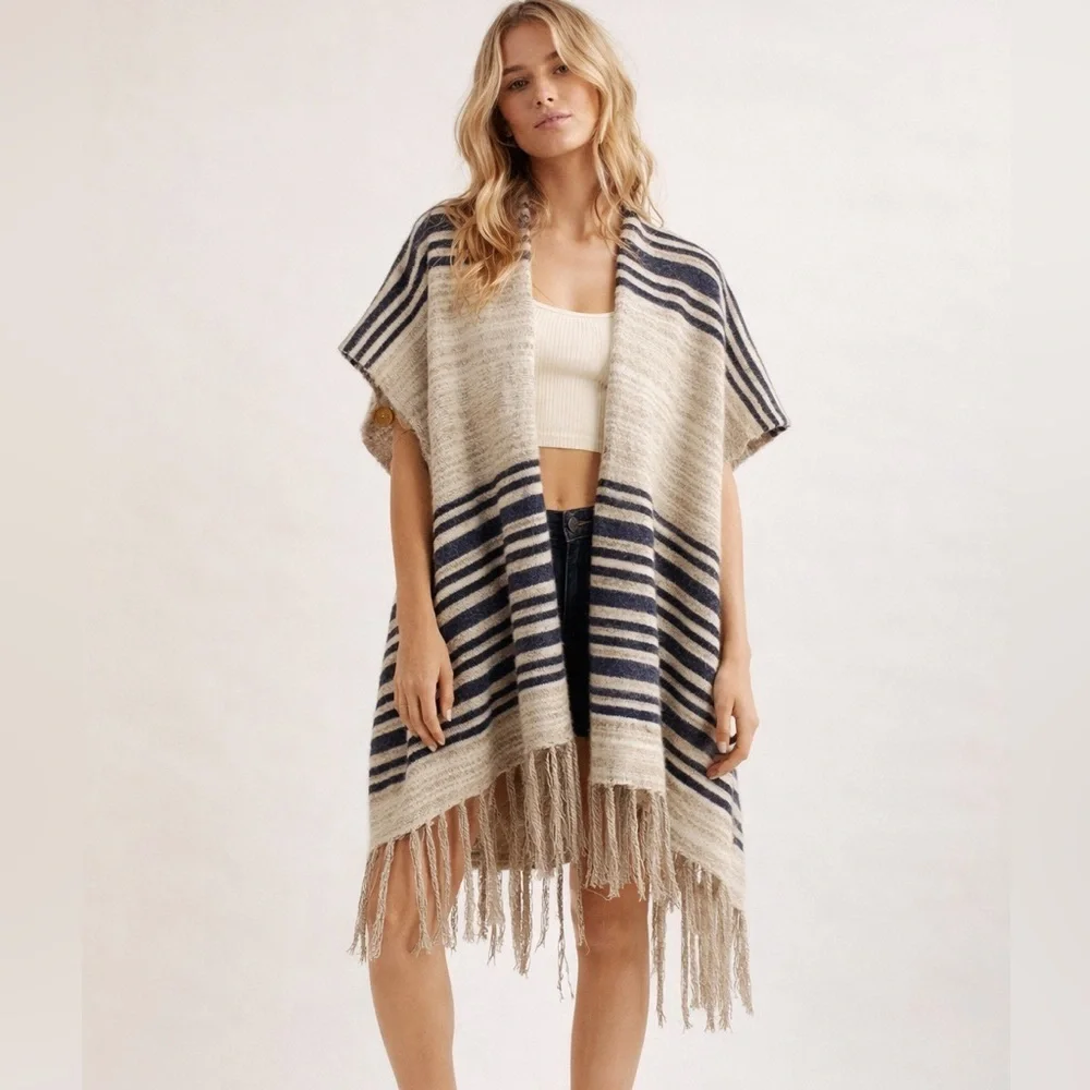 Minkas Striped Knit Poncho Cardigan Fringe Open Front Boho Shawl Wrap Sweater - Picture 1 of 9
